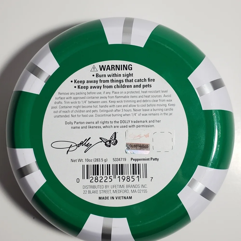 DOLLY PARTON Candy Cane Tin Candle Green & White Swirl 10 oz. Reusable Holiday